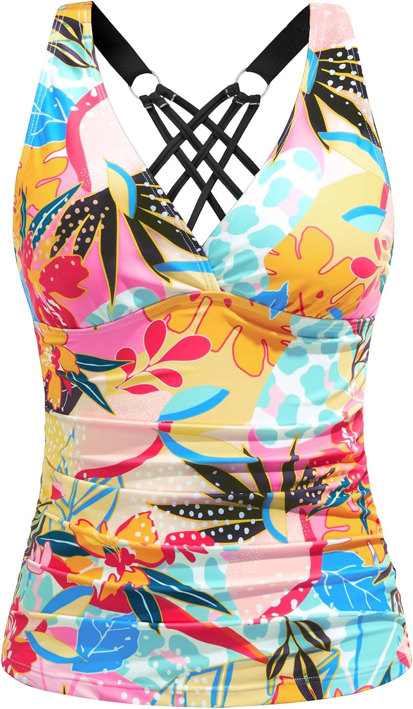 Tankini Tops for Women - Tummy Control V Neck Bathing Suit Top Only No Bottom