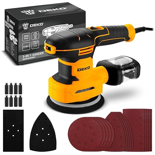 DEKOPRO Multifunction Sander 300 W: Triangular Sander, 125 mm Eccentric Sander and 3-in-1 Sander Device – 6 Speeds for Wood with 15 Abrasive Sheets Included