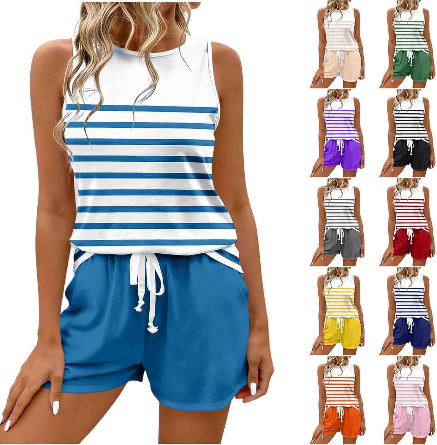HGps8w Two Piece Sets for Women Summer Lounge Shorts Set Casual Striped Sleeveless Workout Travel Matching Outfits