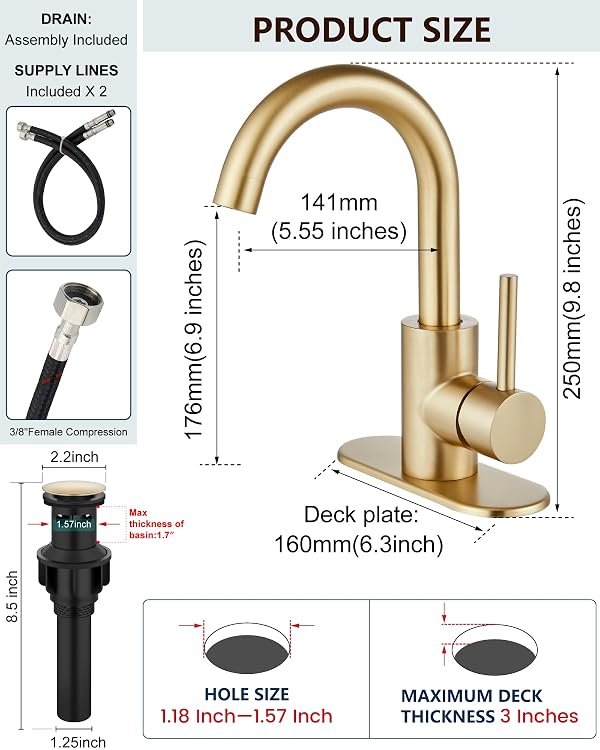 Midanya Single Hole Bathroom Faucet 1 Hole Bar Sink Faucet Suitable for Kitchen RV Vanity,304 Stainless Steel 360° Swivel Spout with Deck Plate and Pop-up Drain,Brushed Gold by Midanya - Image 4