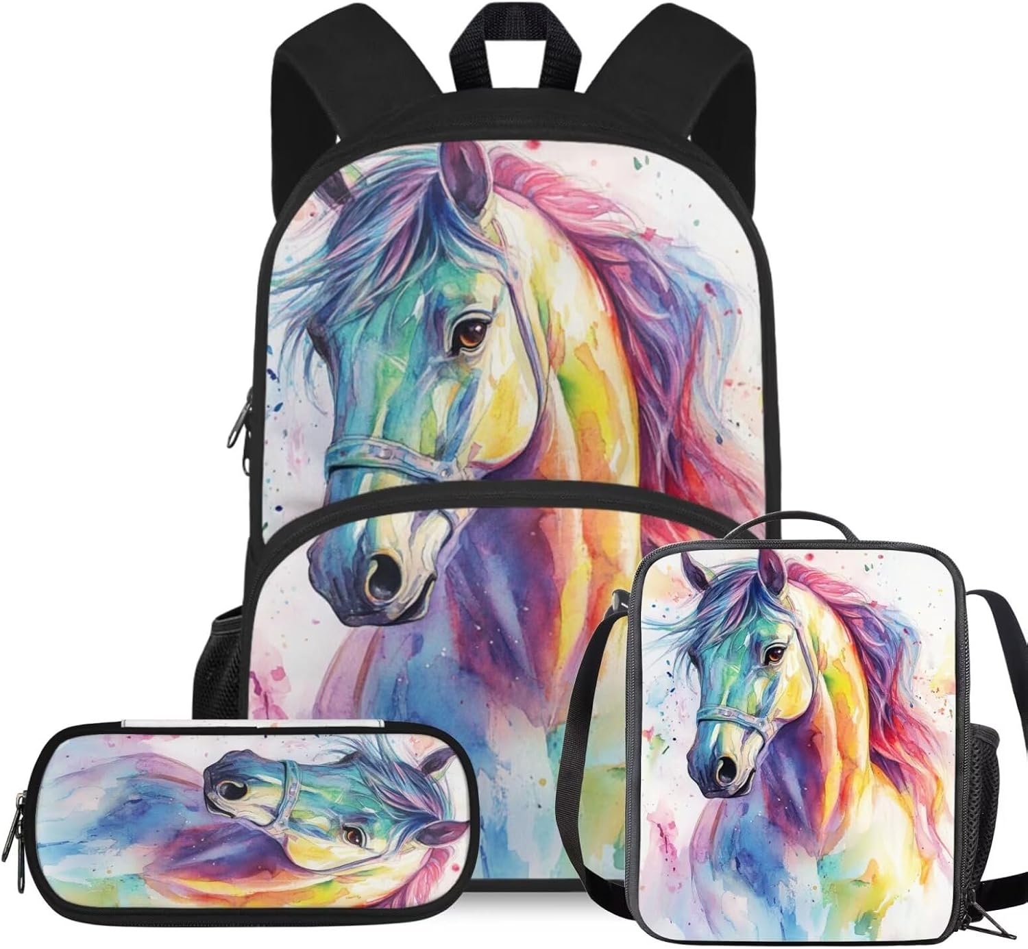 COEQINE Watercolor Horse Backpack for Girls 8-10 School Bookbag for Middle School Girls with Mathching Lunchbox Toddler 15 Inch School Bag Set with Pencil Box Pouch 3 In 1