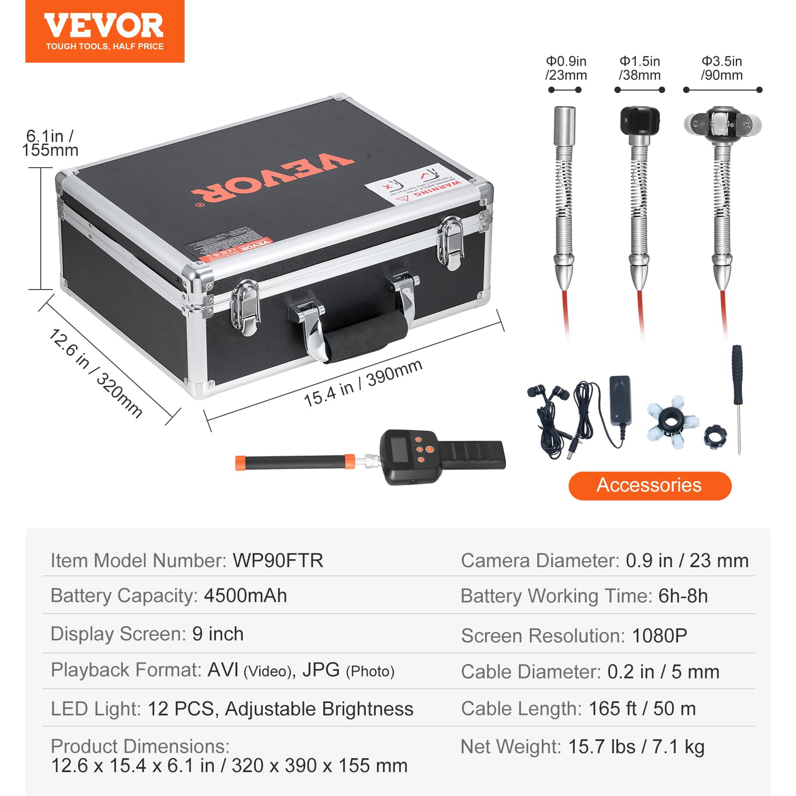 VEVOR Caméra Inspection Canalisation avec Localisateur 512 Hz Endoscope Drain 50 m Écran 9'' Auto-nivellement, Zoom 36X, Étanche IP68, 12 LED, Carte SD 32 Go, pour Conduit, Égout, Plomberie, Tuyaux