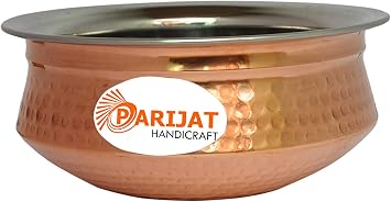 PARIJAT HANDICRAFT Pack of 1 Stainless steel copper hammered for vegetable and curries copper tableware serving bowl serve ware handi set tureens Size-4 Inch