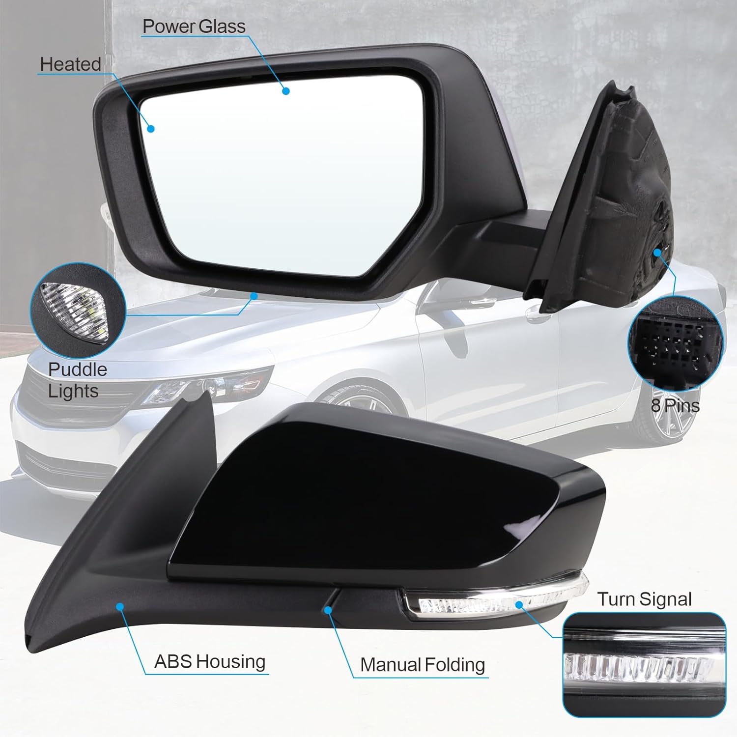 Left Driver Side Mirror Compatible With 2014 2015 2016 2017 2018 2019 Chevy Impala With Manual Folding Power Glass Heated Turn Signal Puddle Light Black Replace#22936943(8Pins)