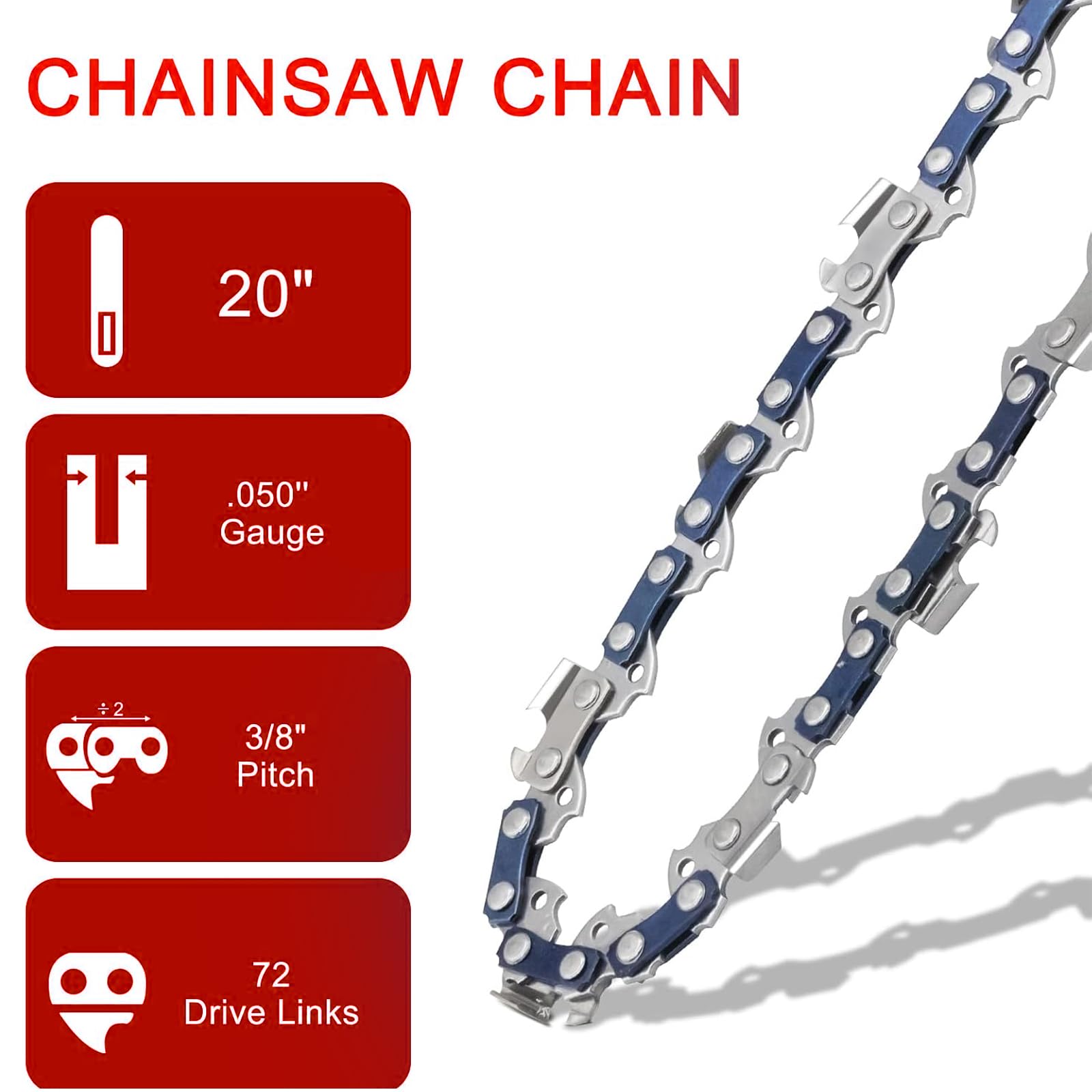 O-CONN Paquete de 4 cadenas de motosierra de 20 pulgadas, paso de 3/8 pulgadas, calibre .050 pulgadas, 72 eslabones de transmisión para Husqvarna 455, Stihl 026, Poulan, Makita y más