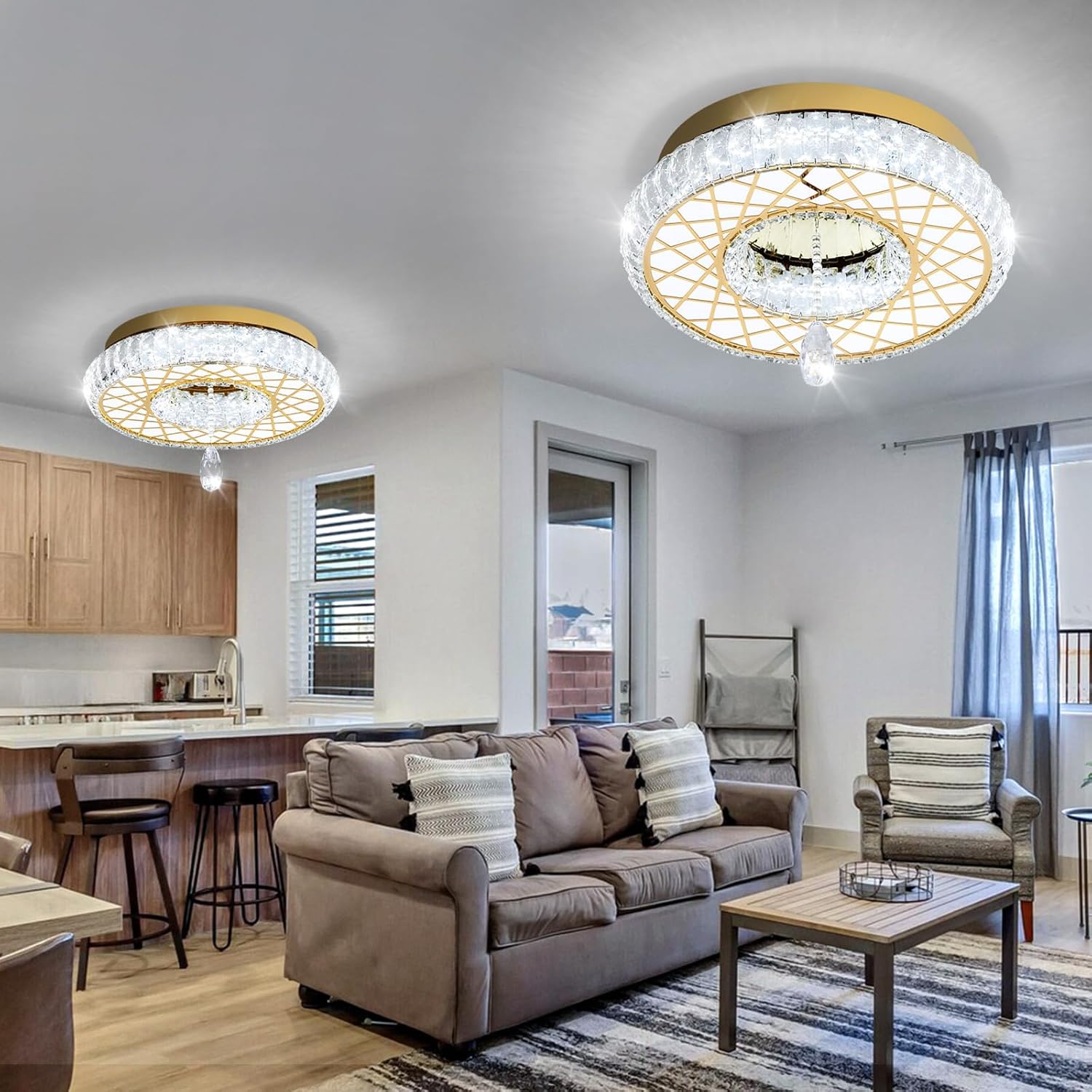 Dia 16" Modern Crystal Chandeliers Dimmable Chandelier 3 Rings LED Flush Mount Ceiling Light for Living Room Dining Room Bedroom Gold