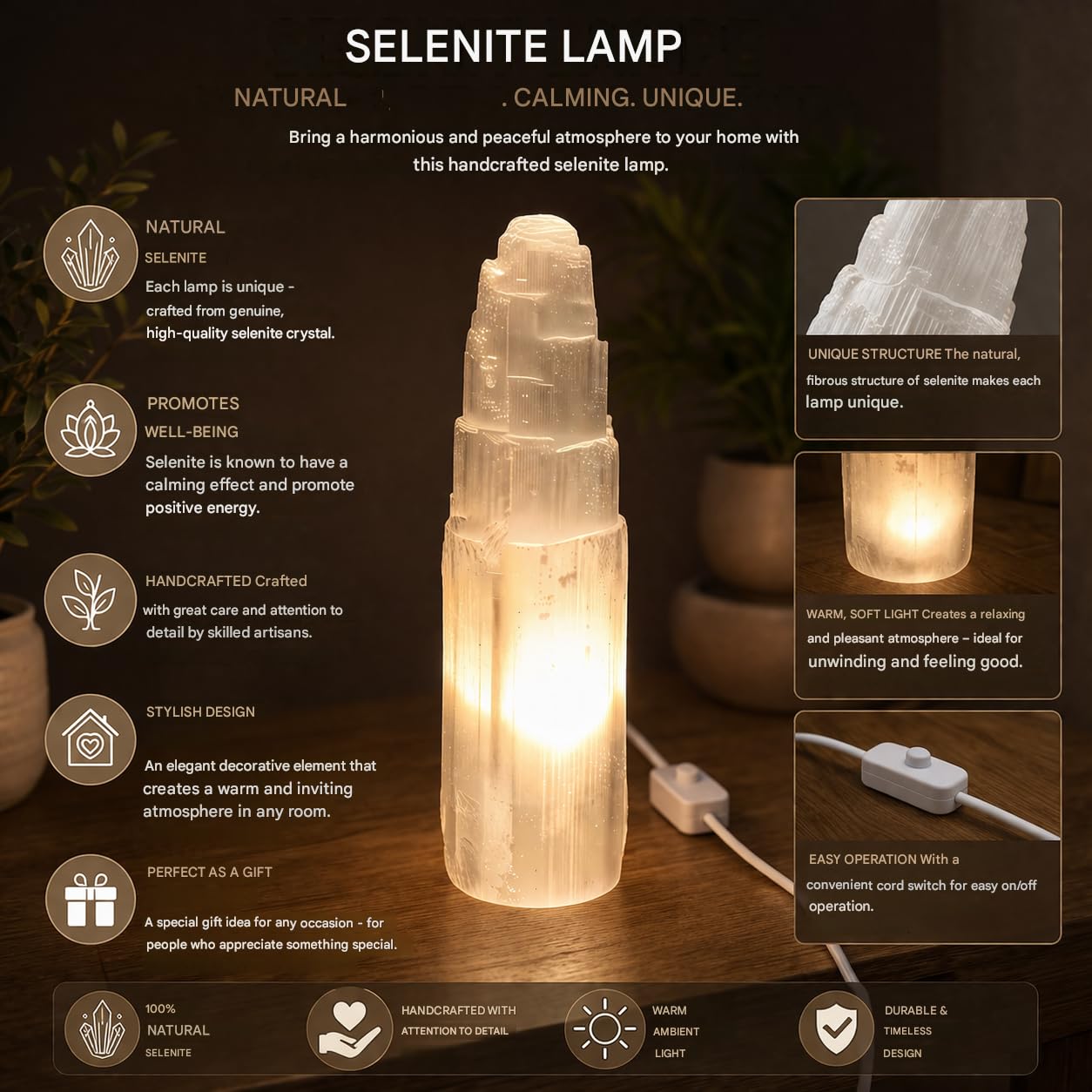 Lámpara de Torre de Selenita, Grande, Blanco Natural, Curación, Claridad y Meditación, Lámpara de Mesa de Cristal, Piedra Preciosa, Regalo, Mineral, Decorativo (35 cm)
