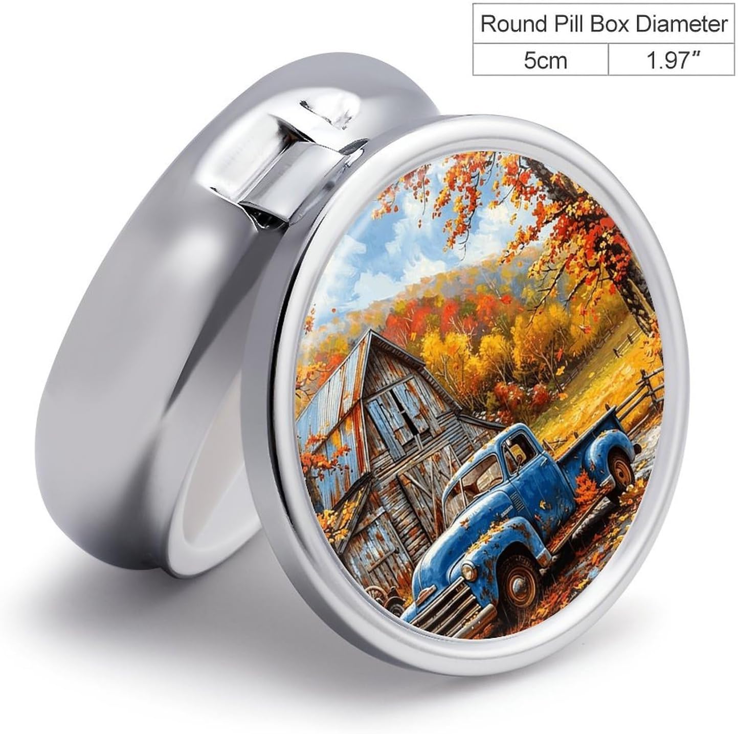 Autumn Truck Round Pill Box with 3 Compartments & Mirror image 2