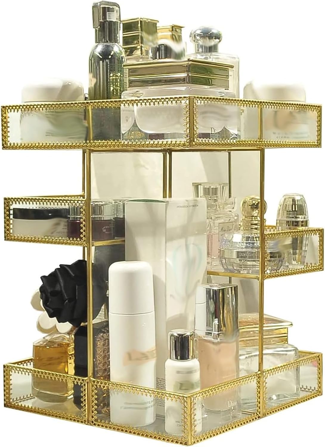 360 Degree Rotation Antique Countertop Cosmetic Storage Box Makeup Organizer, Mirror Glass Beauty Display,Gold Spin Large Capacity Holder for Brushes Lipsticks Skincare Toner