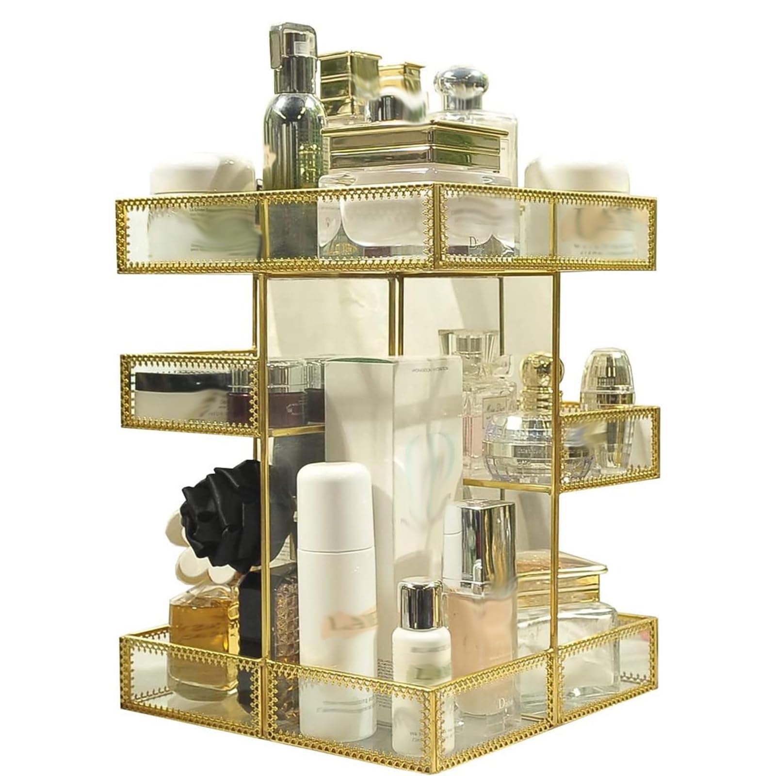 Rotazione a 360 gradi Antico Controsoffitto Cosmetico Scatola di Immagazzinaggio Organizzatore di Trucco Specchio Vetro Display di Bellezza Oro Spin Supporto di Grande Capacità per Pennelli Rossetti
