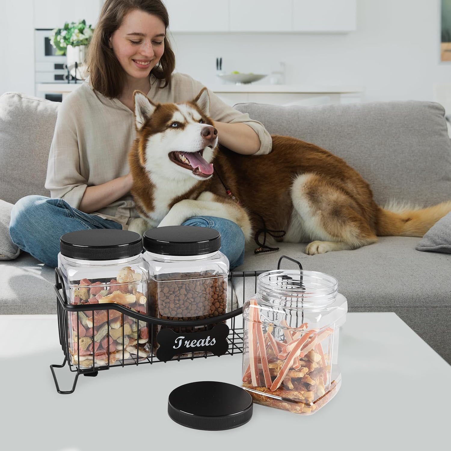 68 oz Dog Treat Container,Dog Food Storage Container with Wire Frame,Dog Treat Jar 3 Piece Set,Airtight Dog Treats Bin,Cat Dog Biscuit Dispenser,Cat Treat Jar for Kitchen Counter
