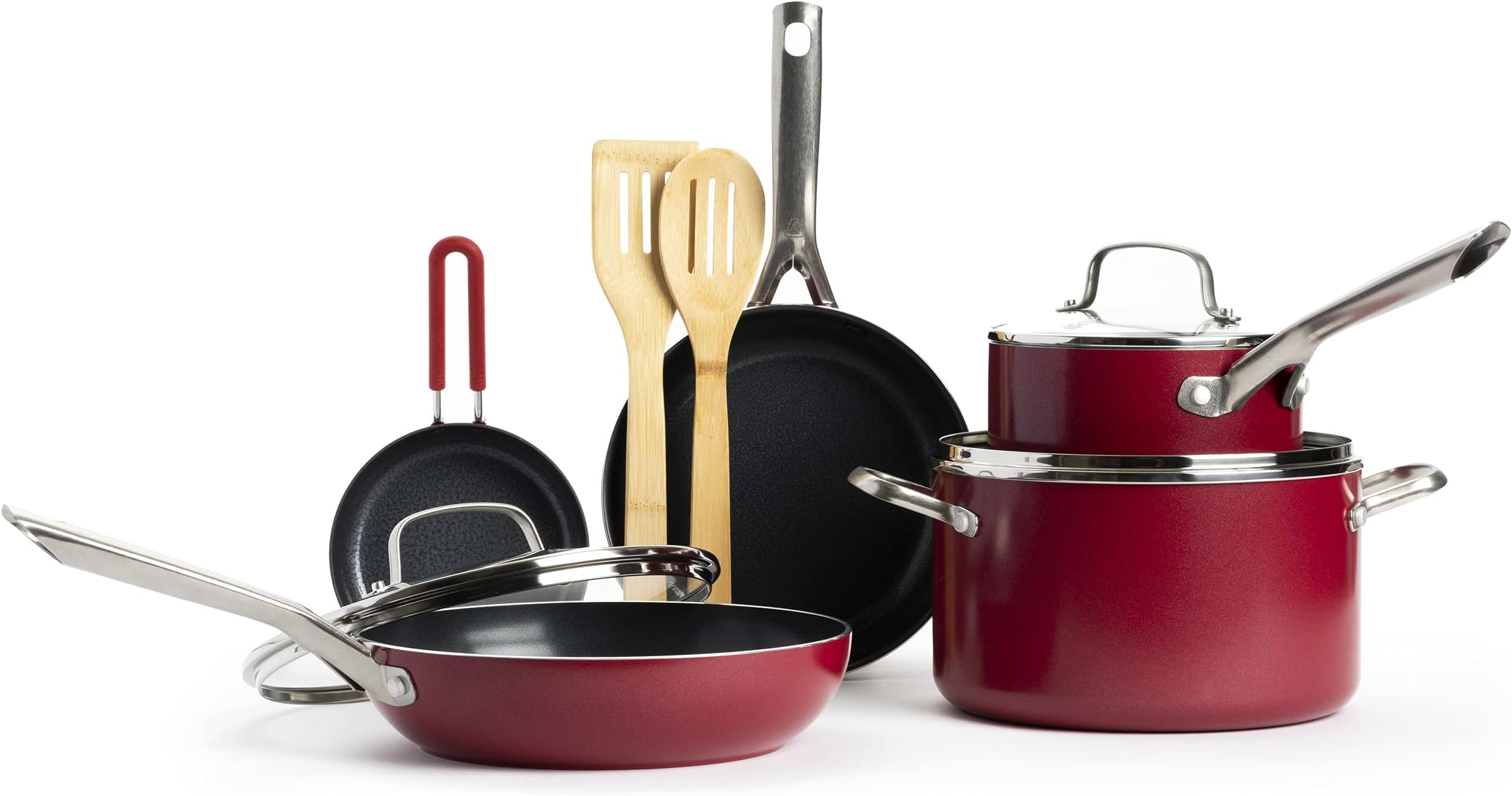 Textured Ceramic Nonstick, 10 Piece Cookware Pots and Pans Set with Stainless Steel Handles, PFAS PFOA & PTFE Free, Dishwasher Safe, Oven & Broiler Safe to 600 Degrees, Red