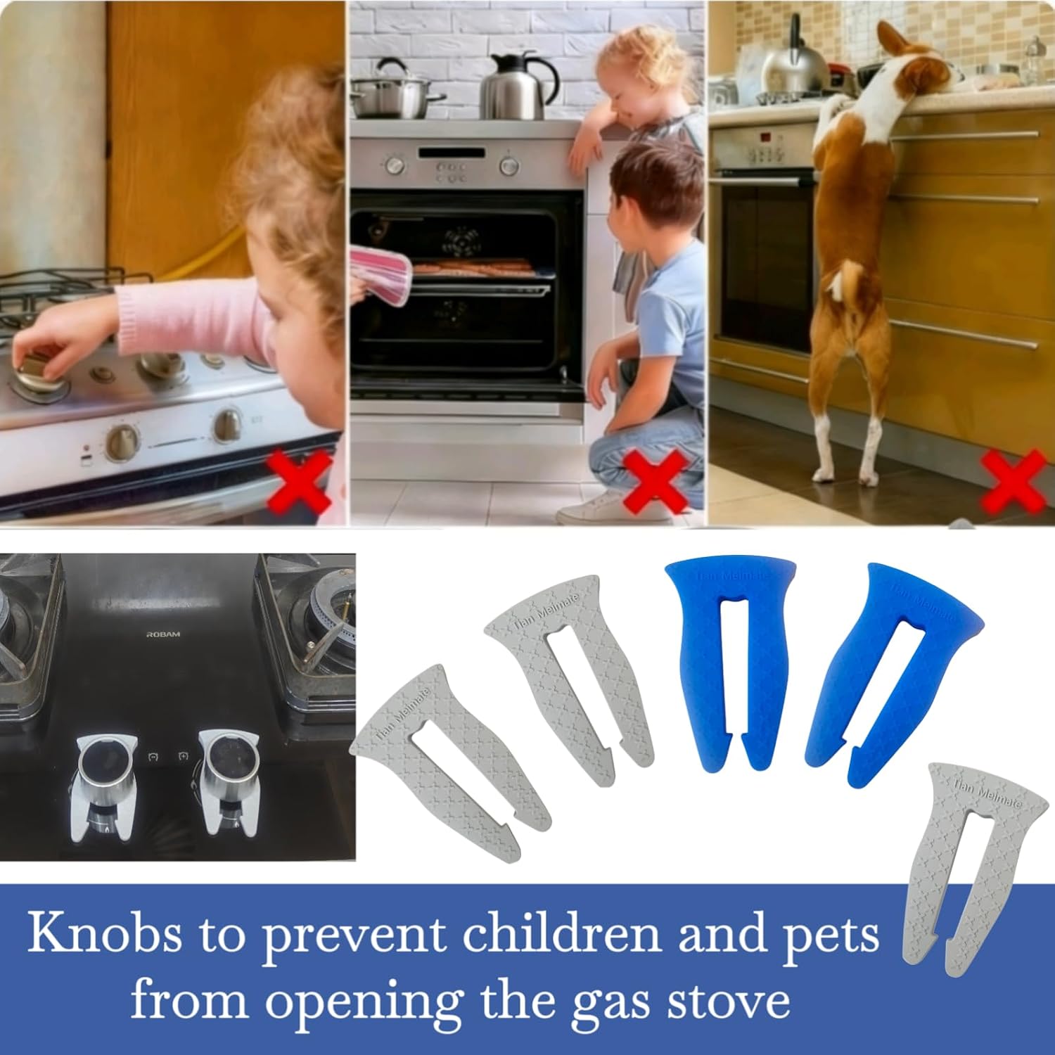 Universal Stove Knob Locks(2Pack Blue and 3Pack Gray) Child Proof Gas Stove Safety Lock with Key, Easy Install No Tools Needed, Heat Resistant Baby Proofing Essentials for Kitchen Cooktop