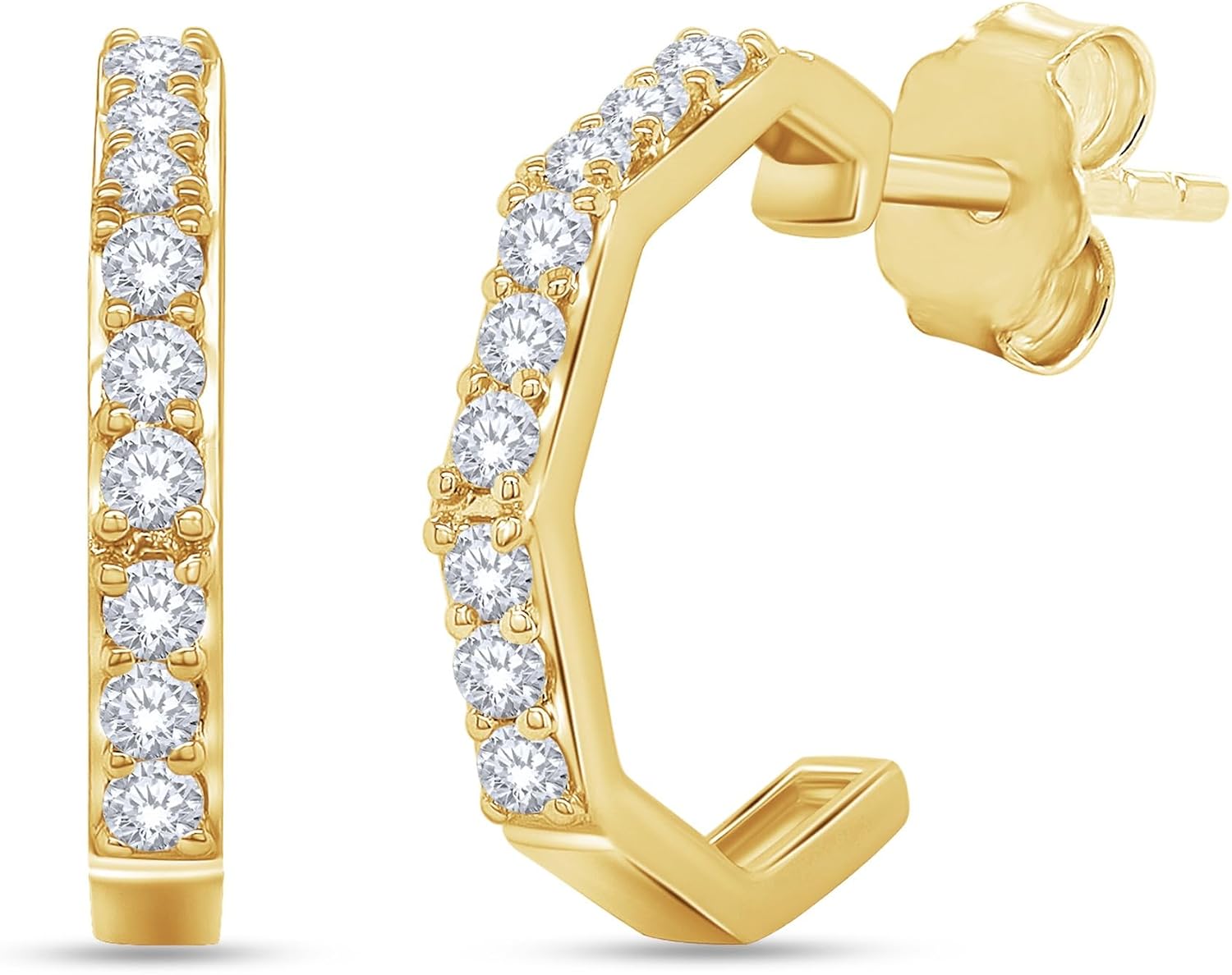 Half Hoop Hexagon Stud Earrings for Women 1/3 Carat (ctw) Round Cut Lab Grown Diamond Push Back Earring in 14K Gold Plated 925 Sterling Silver or Vermeil Jewelry for Her