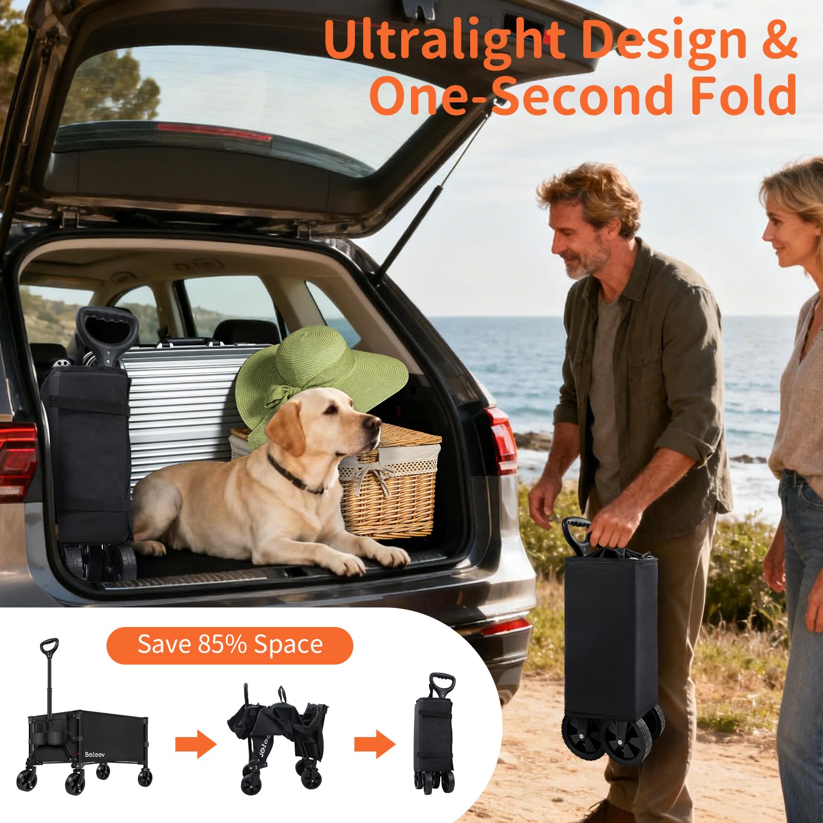 BELEEV Bollerwagen Faltbar mit Getränkehalter 90L Bis 100KG, Faltbarer Bollerwagen Kinder, Gartenkarre, Einkaufswagen, Camping, Einkaufen Festival, Robust Langlebig für Alle Gelände Draussen -90L