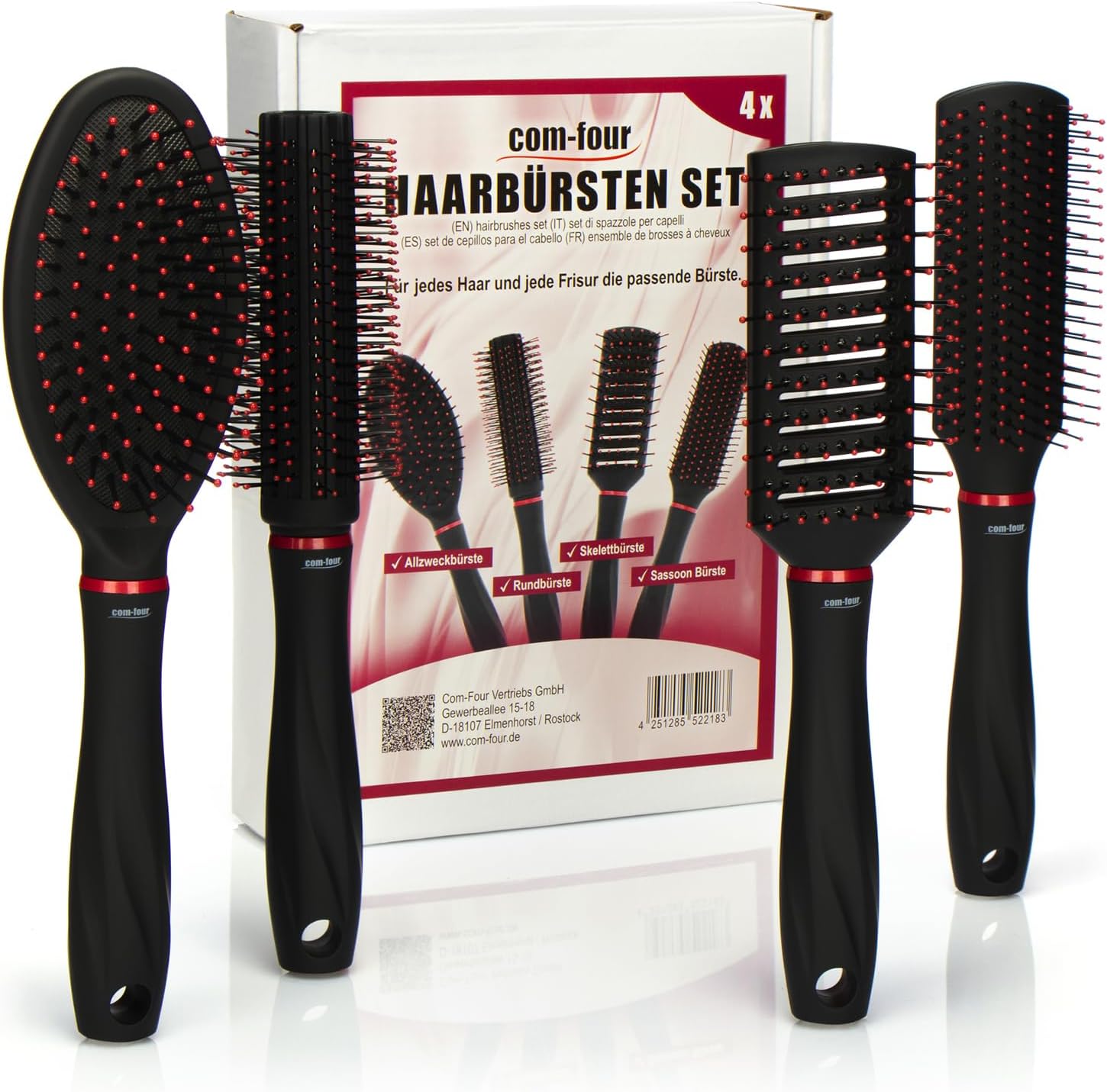 COM-FOUR® 4-czesciowy zestaw do stylizacji wlosów, szczotki z miekkimi | szczotka uniwersalna - okragla - szkieletowa - szczotka Sassoon