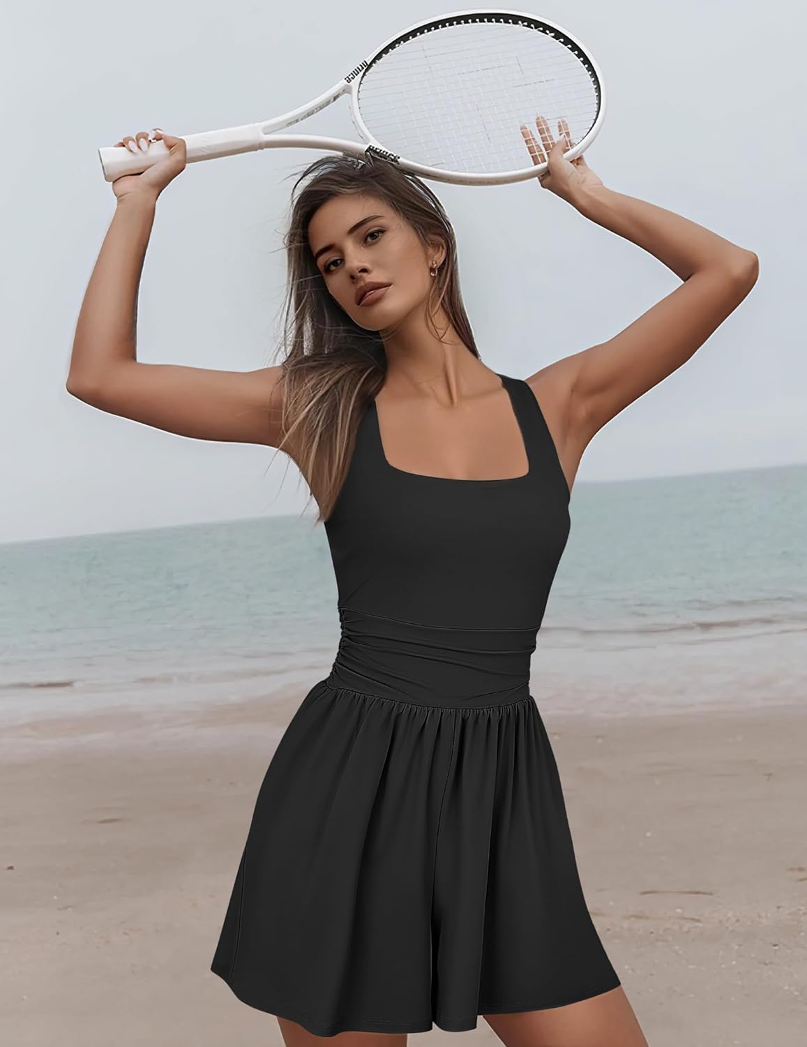 Womens Rompers Workout Summer Casual Square Neck Ruched Waist Sleeveless Corset One Piece Sexy Romper Black S - Image 3