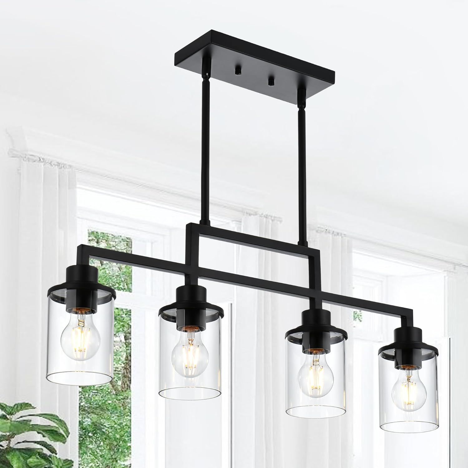 4-Light Dining Room Light Fixture, Linear Kitchen Island Lighting Black Chandelier Farmhouse Pendant Lighting for Kitchen Island Dining Table Living Room, Height Adjustable