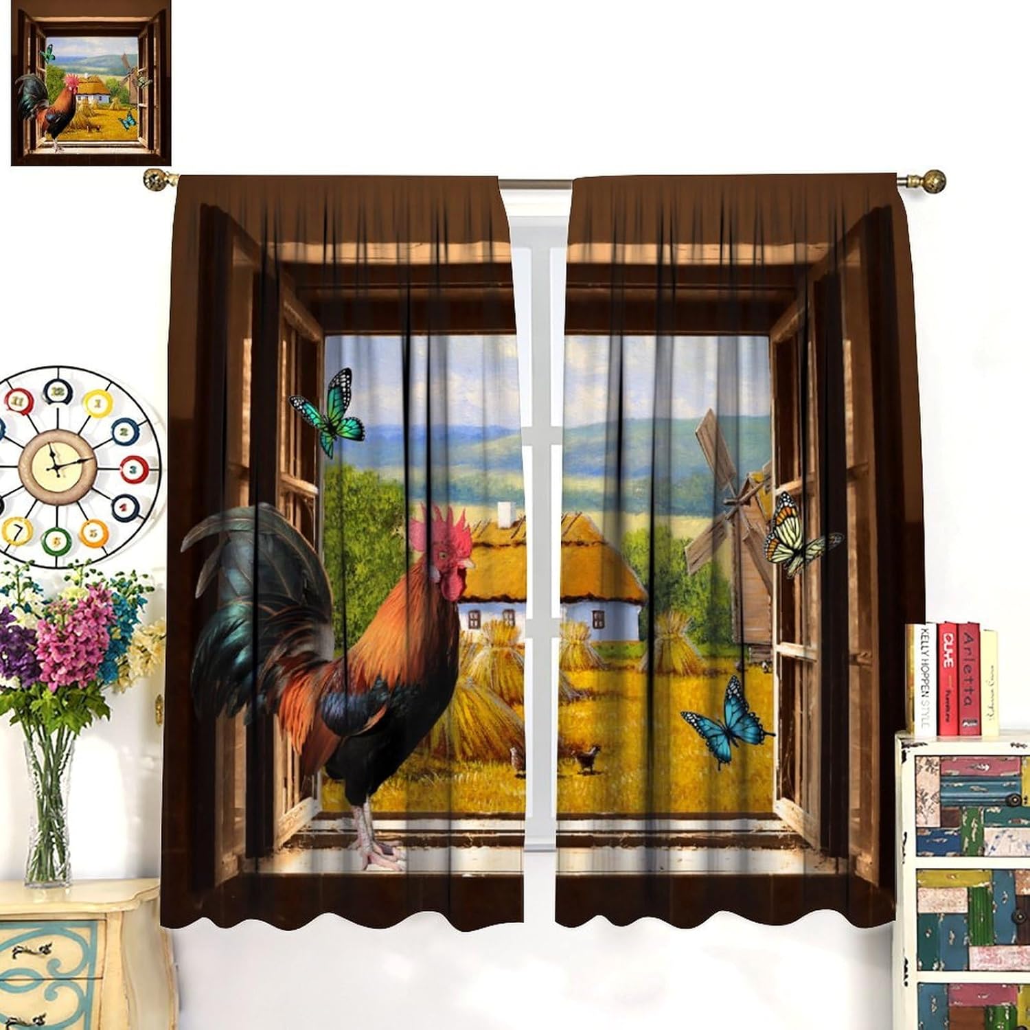 Vintage Farm Rooster Curtains,Traditional Rustic Animal Chicken Butterfly Nature Scenery Blackout Rod Pocket Window Curtain,for Child Living Room Bedroom Kitchen Cafe Farmhouse 42" W X 45" L