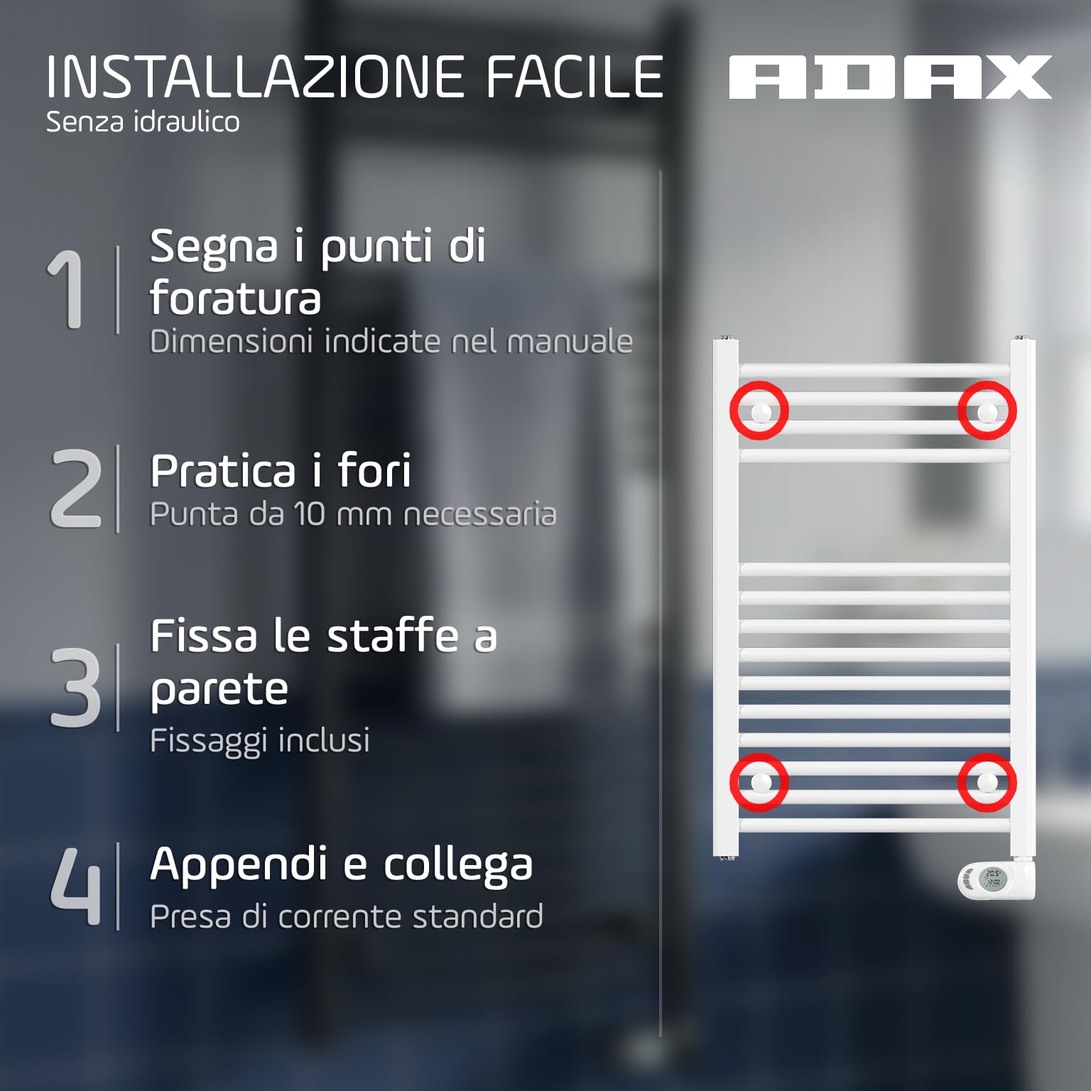 ADAX Comfort Scaldasalviette Elettrico 500x874 mm – Termoarredo Elettrico Bagno con Termostato, Porta Asciugamani da Parete, Radiatore Elettrico Scalda Salviette, 300W, Bianco, IP44