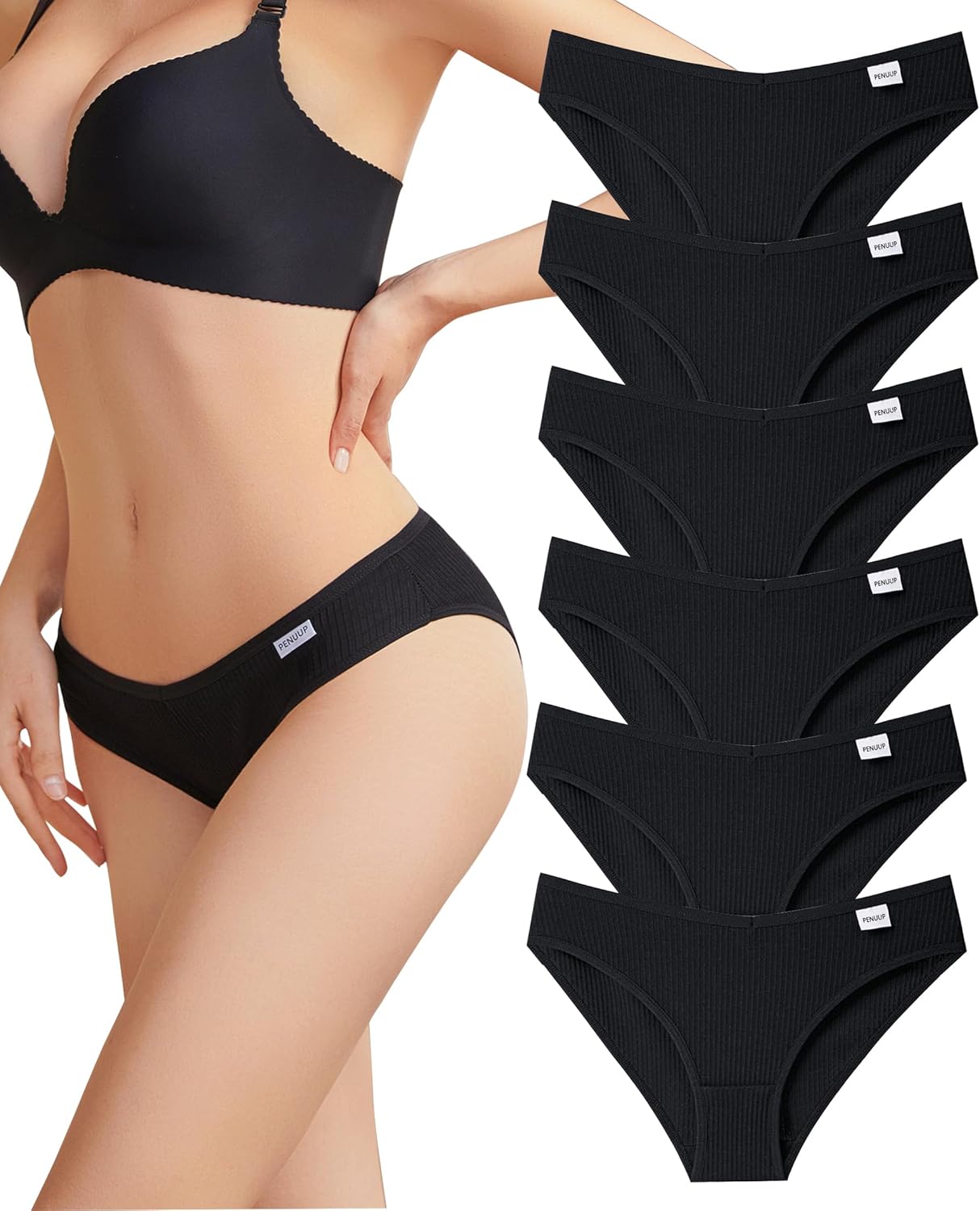 Cotton Underwear for Women Cute Low Rise Ribbed Bikini Breathable Sexy Hipster Womens Cheeky 6 Pack
