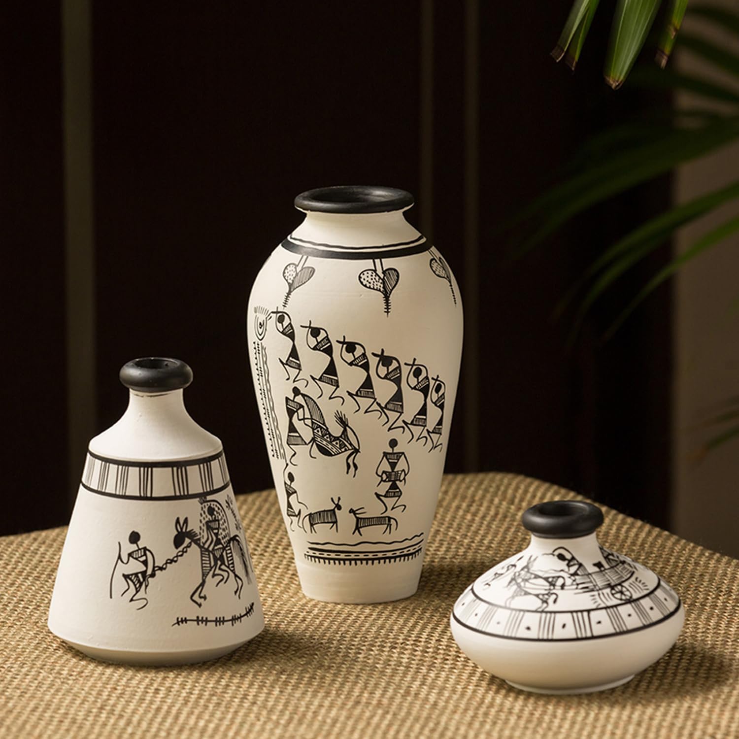 ExclusiveLane 'Warli White Matkis' Terracotta Vase | Round Handpainted Vase for Living Room | Unique Flower Vase Centerpieces | Home Decorative Accent | Ideal Gift for Occasions | White, Set of 3