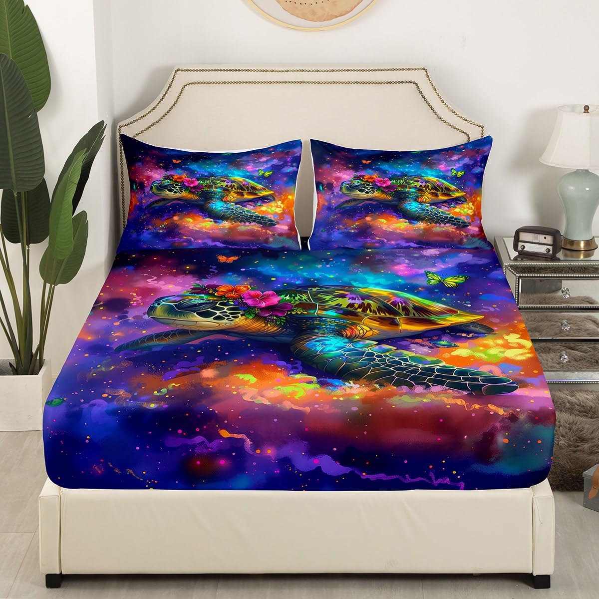 Sea Turtle Full Size Fitted Sheet,Tropical Flowers Marine Life Tortoise 3 Pieces Kids Teenager Room Decor Starry Purple Sky Galaxy Glitter Pocket 2 Pillowcases
