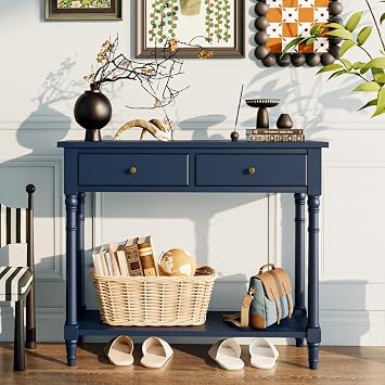 PADMA HOUSE Solid Wood Console Entry Table with 2 Drawers, Accent Sofa Table with Storage Shelf, Narrow Entryway Hall Table for Living Room Office Easy Assembly 90 * 35 * 76.5 cm (Blue)