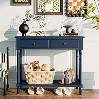 PADMA HOUSE Console Meuble en Bois Massif avec 2 tiroirs Table Console avec étagère de Console d