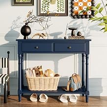 PADMA HOUSE Solid Wood Console Furniture with 2 Drawers Console Table with Narrow Entrance Hall Console Shelf for 2 Levels Living Room Entrance Table (Dark Blue)