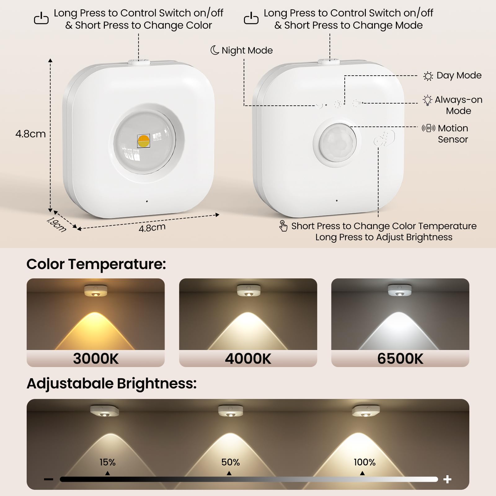 Coovee 6pcs Illuminazione per LED Armadio a Con Sensore di Movimento, Luce Aarmadio Sottopensile, 3 Temperature di Colore Dimmerabili, Senza Fili USB, Ricaricabile con Telecomando, per Vetrine Cucina