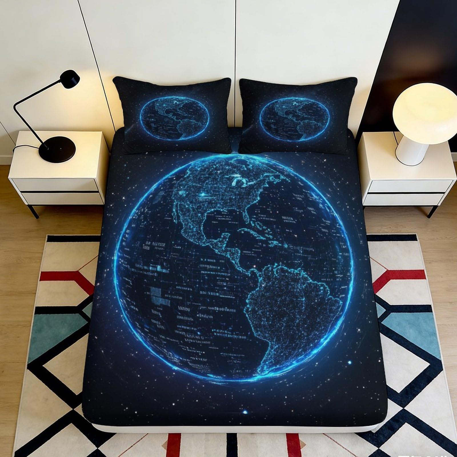Jqzkxnhpbr Style-7 3D Printed Earth Map Fitted Sheet Microfiber Soft Breathable Globe Pattern Mattress Cover For Bedroom Guest Room Decor 90X200x25cm