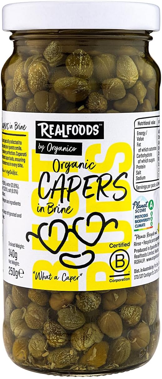 Realfoods by Organico | Organic Capers in Brine – Handpicked for Flavour & Tenderness, 250g