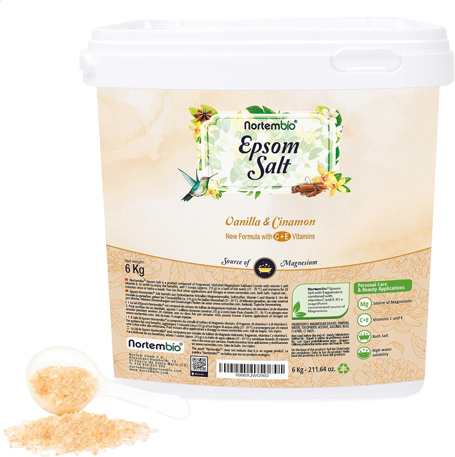 Nortembio Sales de Epsom con Fragancias 6 kg Sal de Magnesio Premium para Baño Relajante y Cuidado Muscular Vainilla y Canela