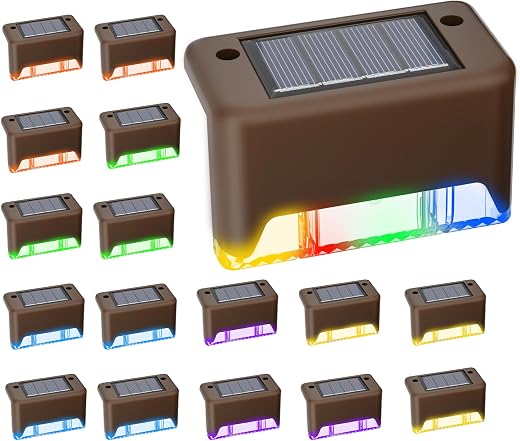 Otdair Solar Deck Lights, 16 RGB Solar Step Lights Waterproof LED Stair Lights, Outdoor for Deck, Step, Stairs, Yard, Patio, and Pathway (Color…
