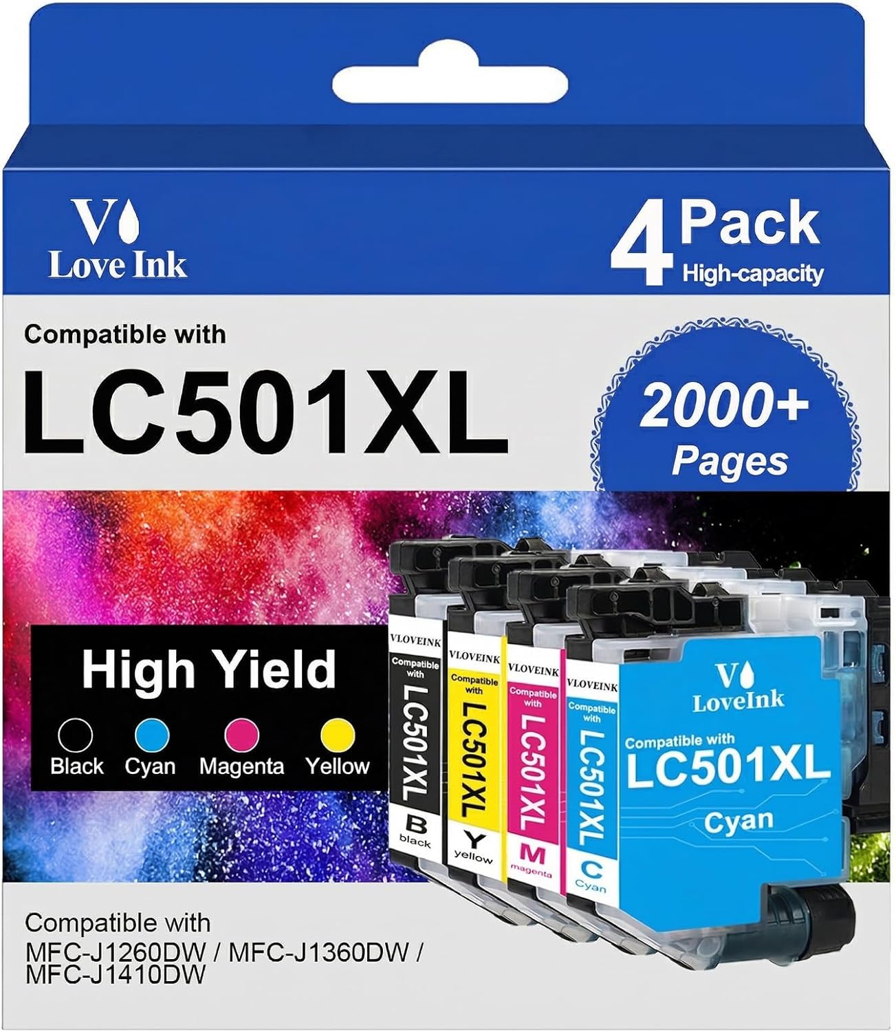LC501XL LC501 Ink Cartridges Compatible for Brother LC501XL LC501 Ink Cartridges 501XL to use with Brother Printer MFC-J1360DW MFC-J1260DW MFC-J1410DW (4 Pack, Black/Cyan/Magenta/Yellow)