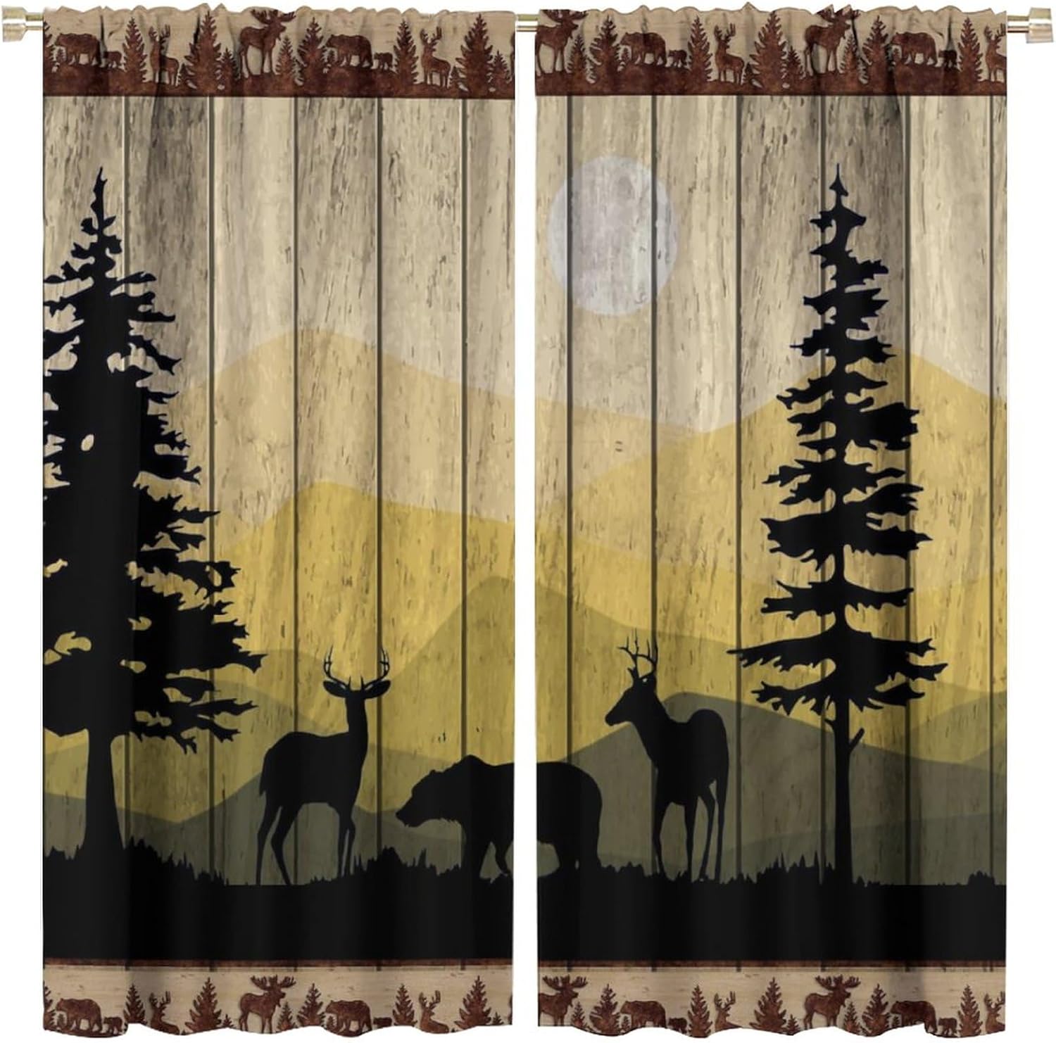 Rustic Cabin Blackout Window Curtain, Cute Funny Bear Deer Forest Mountain on Brown Wooden Board for Bedroom Living Room Studio Dorm Window Curtain Drapes 2 Panels 52x96in