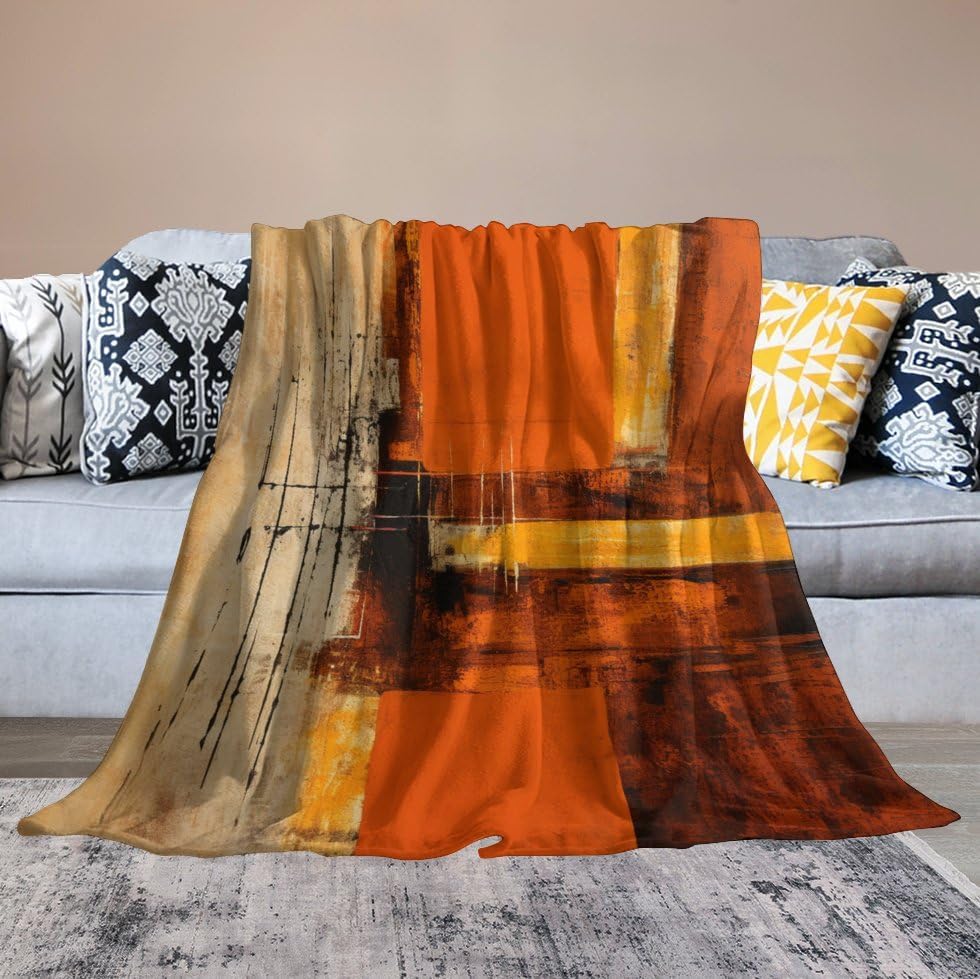Miniatura 6 de Manta para sofá, manta abstracta rústica naranja y marrón, suave y mullida, manta de felpa acogedora y ligera, vintage, abstracta desordenada, con