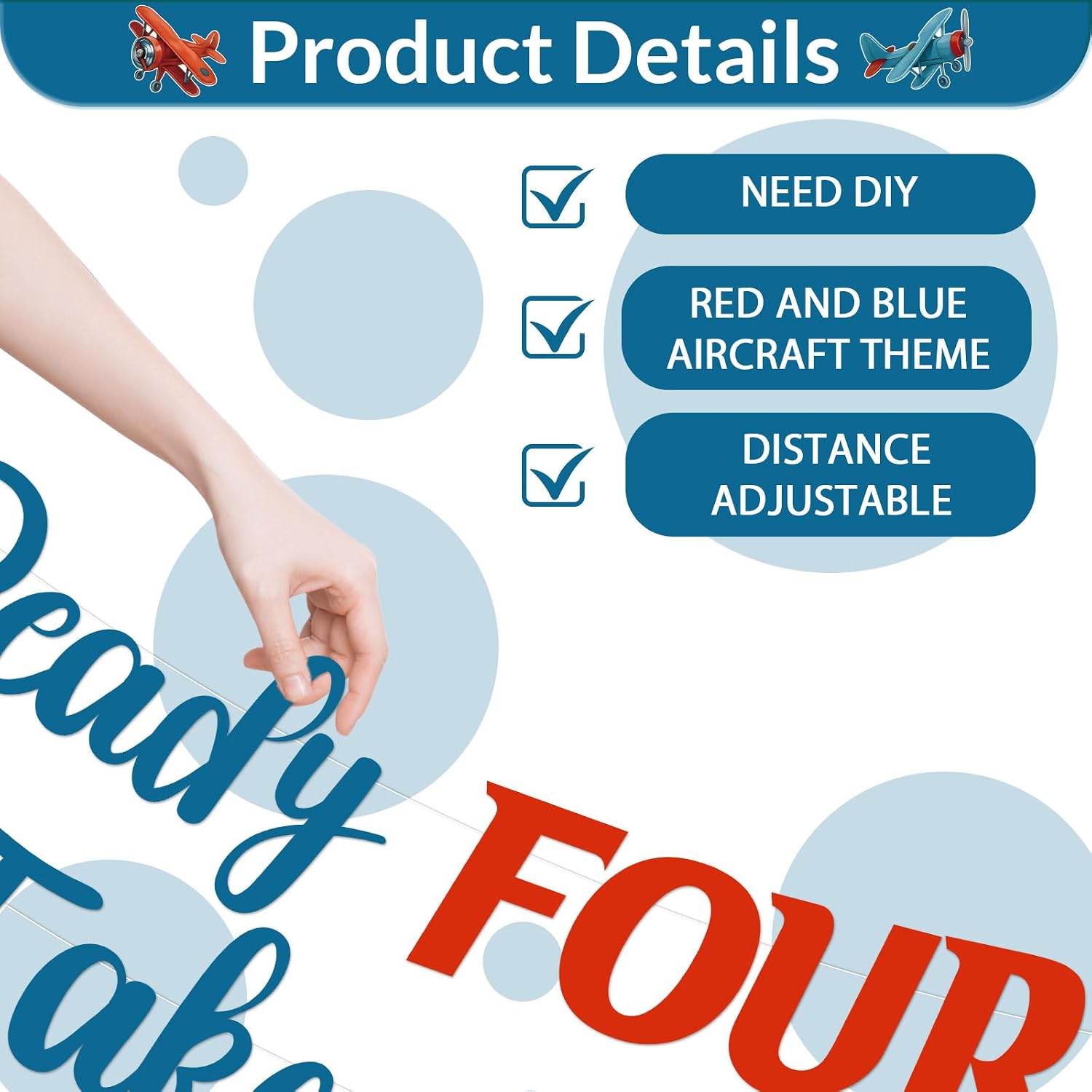 Airplane 4th Birthday Party Decorations for Boy, Ready Four Take off Banner Backdrop Aviation Themed Plane Cake Cupcake Toppers Red Blue Latex Balloons for Time Flies Theme 4th Birthday Party Supplies