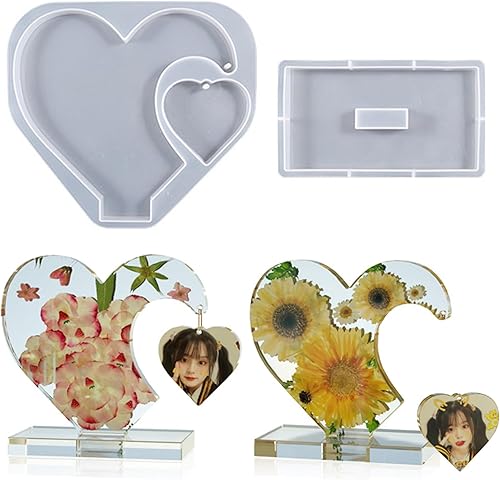Moldes de resina de silicona, 2 unidades, marco de fotos de corazón 3D, moldes de resina con forma de amor, soporte de fotos, moldes de fundición de