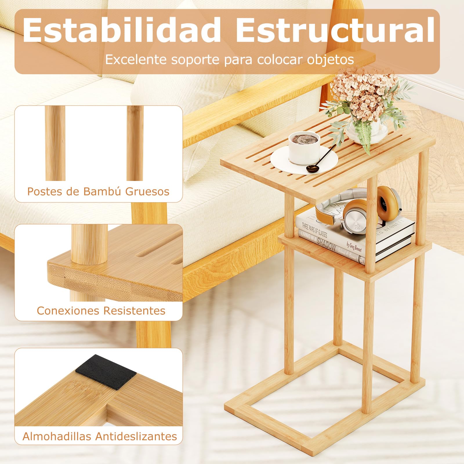COSTWAY Juego de 2 Mesa Auxiliar de Bambú para Sofá, Mesita Forma de C con Estantes de Almacenamiento, 40 x 28 x 65 cm, Mesa de Café, Mesita de Noche Estrecha para Cama, Sala y Dormitorio, Natural