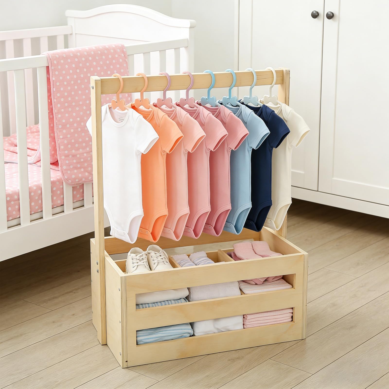 Cadeau de fête prénatale avec poignée, panier de rangement pour bébé avec 8 cintres, panier cadeau en bois, panier cadeau pour nouveau-né, pour les femmes enceintes, les nouveaux parents, idéal pour
