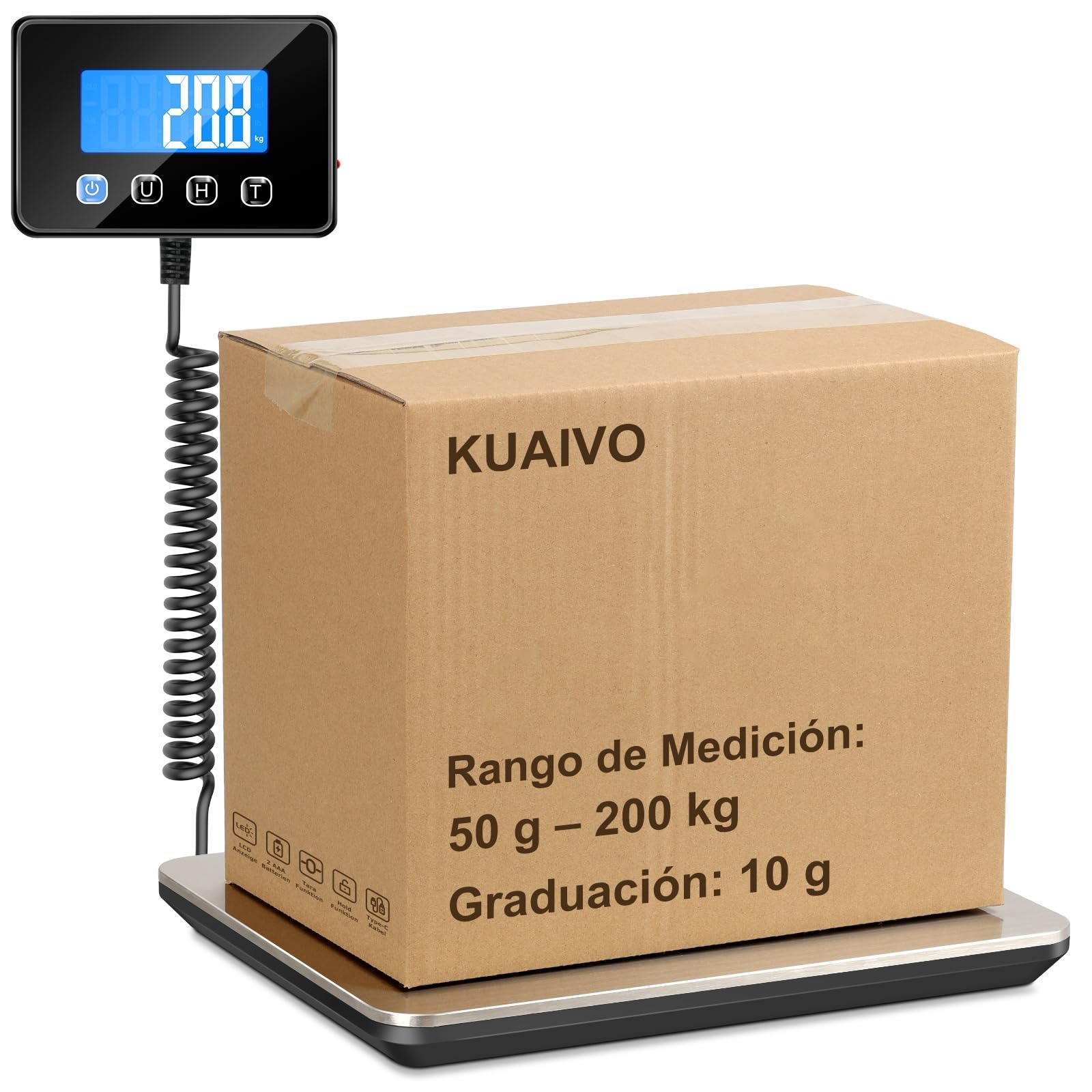 Bascula Industrial, Bascula Maletas Viaje de 200kg x 10g con Función de Retención/Tara, Báscula con Pantalla LCD para Qaquetes, Equipaje y Almacén, Incluye 2 Baterías AAA y Cable de Carga