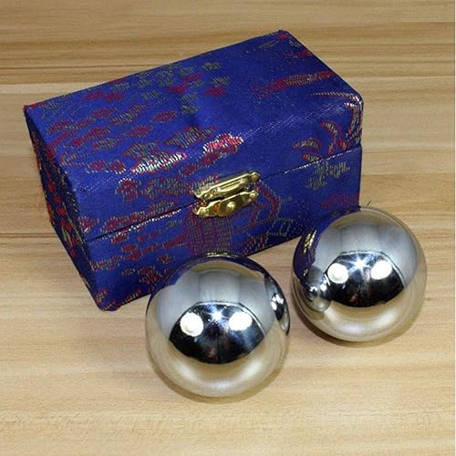 Miniatura 2 de Denpetec 2 bolas de Baoding chinas para ejercicio de salud, pelotas para el estrés con caja de meditación y masaje de balón (plata, diámetro de 1.49