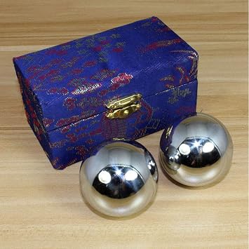 Kisbeibi 2pcs Baoding Balls Chinese Health Exercise Massage Balls with Case Stress Relieve Meditation Massage Handball(Silver,Dia 1.49inch,box color random)