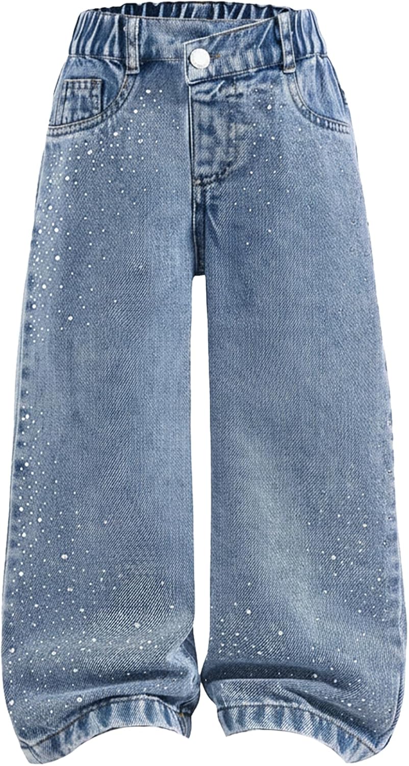 GORGLITTER Girl's Baggy Jeans Wide Leg Cute Rhinestone High Elastic Waisted Denim Pants Y2K Boyfriend Skater Streetwear