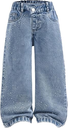 GORGLITTER Girl's Baggy Jeans Wide Leg Cute Rhinestone High Elastic Waisted Deni