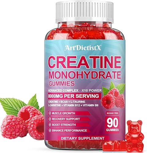 Miniatura 9 de Gomitas de monohidrato de creatina de 8000 mg con BCAA, L-carnitina, taurina y vitamina B12, suplemento preentrenamiento para crecimiento muscular,