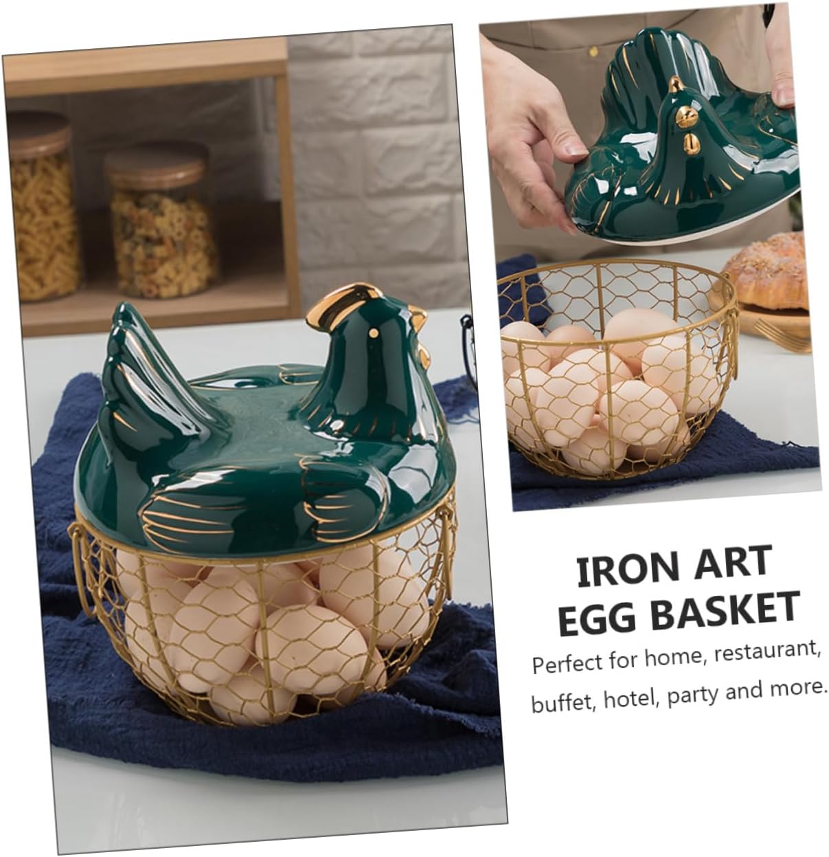 卵収納バスケット 2個セット 蓋付き 鶏形デザイン 鉄製ワイヤー&amp;セラミック素材 ゴールド&amp;グリーン キッチンカウン