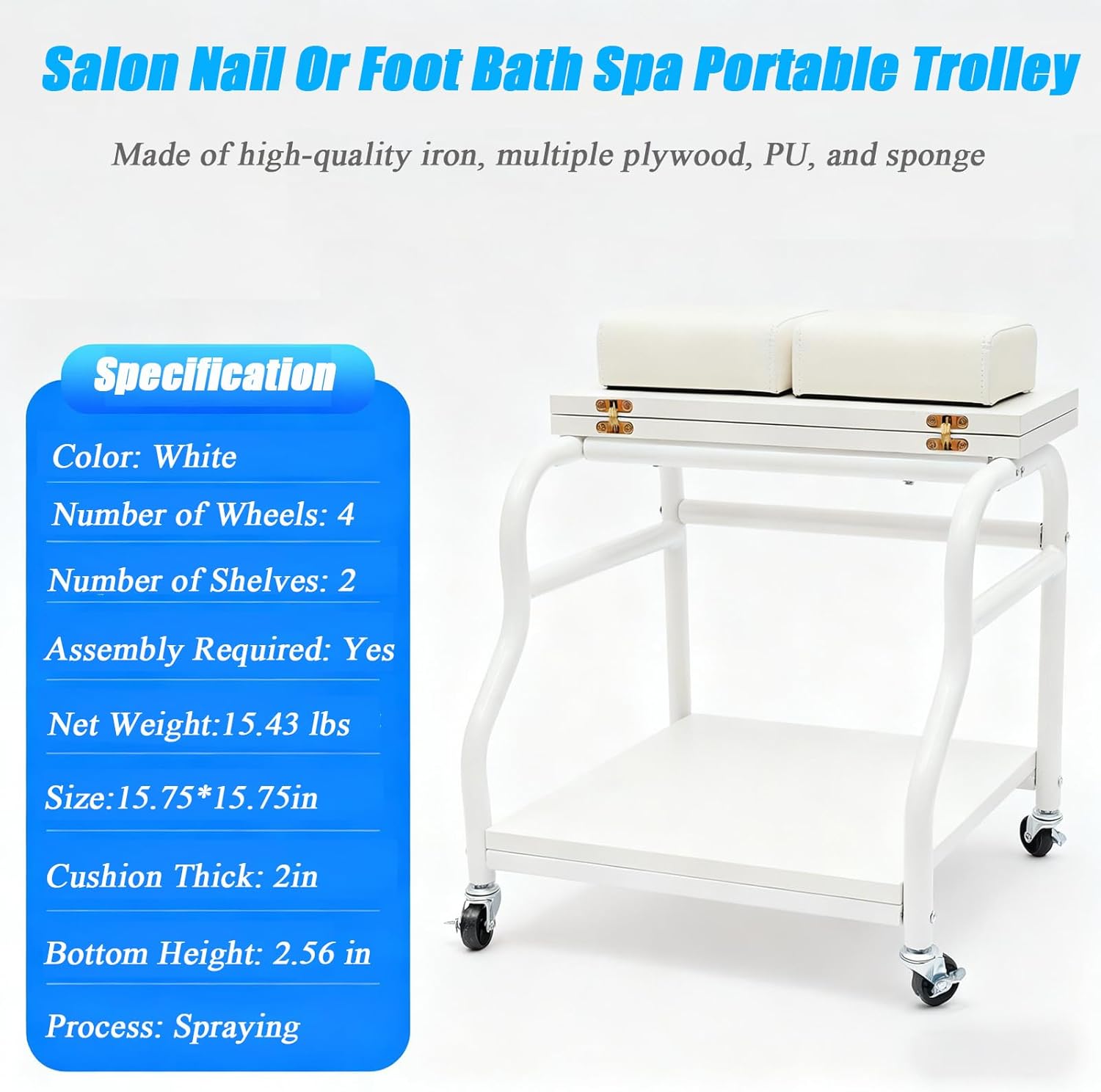 Beauty Salon Nail Or Foot Bath Spa Portable Trolley, Cart for Foot Rest Pedicure Manicure Funiture Massage Table Salon Supplies, Movable White Footrest Stand